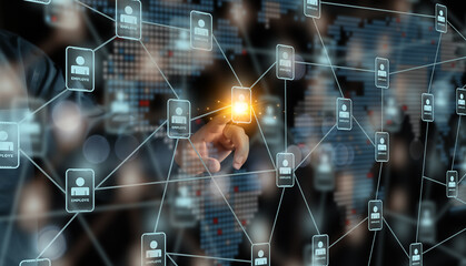Business man drawing global structure networking and data exchanges customer connection on dark background, Human Resources HR management Recruitment Employment Headhunting Concept.