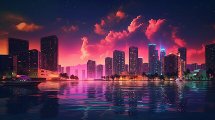 Fototapeta premium 80's Vibes, city skyline at night