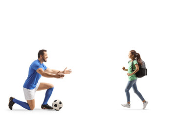 Fototapeta na wymiar Female pupil running towards a football player