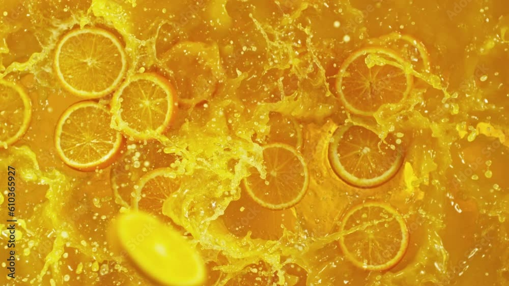 Aufkleber super slow motion of splashing orange juice. filmed on high speed cinema camera, 1000 fps. abstract 