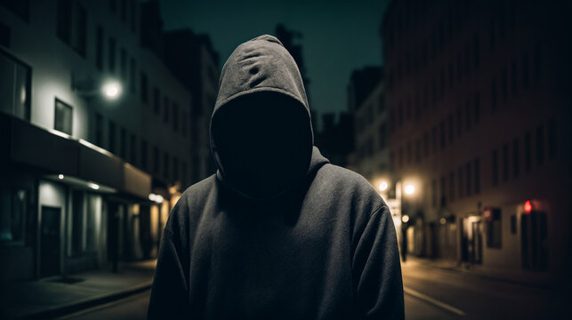 Hooded man standing on the street. Night city street. Generative AI