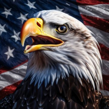 Eagle with american waving flag. Generative ai