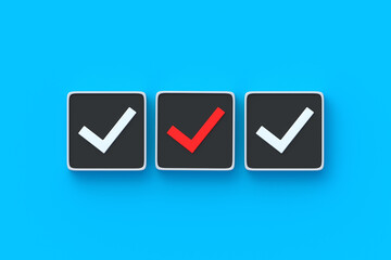 Unconfirmed Information.Red check mark on button. Unsolvable problem. Incorrect choice concept. Wrong decision. Negative action. Falsification of results. Complete failure. 3d render