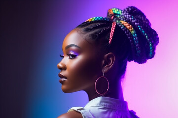 Pretty young afro-american woman with braids on the neon colors background, side view. Generative AI - obrazy, fototapety, plakaty
