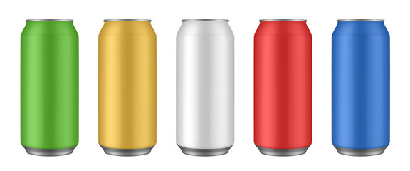 Set of green, yellow, white, red and blue tin cans of beer, energy drink, juice or soda. Cold beverage