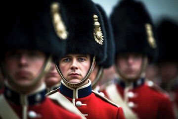 Portrait of a soldier of the British Royal Guard serving. Generative AI - obrazy, fototapety, plakaty