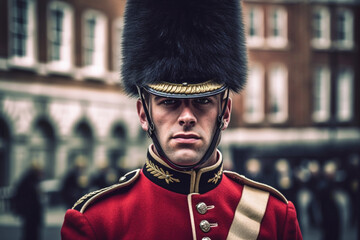 Portrait of a soldier of the British Royal Guard serving. Generative AI - obrazy, fototapety, plakaty
