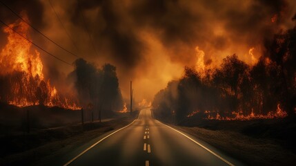 a forest fire spreading around the road. threatening smoke and flames. generative AI