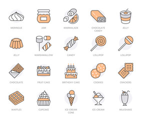Sweet food flat line icons set. Pastry vector illustrations - lollipop, chocolate bar, milkshake, cookie, birthday cake, marshmallow. Thin signs for desserts menu. Orange color. Editable stroke