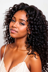 African american girl with long and shiny wavy hair on white background. Beautiful model with curly hairstyle. Generative AI.