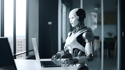 cyborg android Robot working with laptop in office