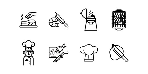 Cooking related line icon set. kitchen utensils linear icons. Cooking recipe outline vector signs and symbols collection. Recipe book, chef hat and cutting board.