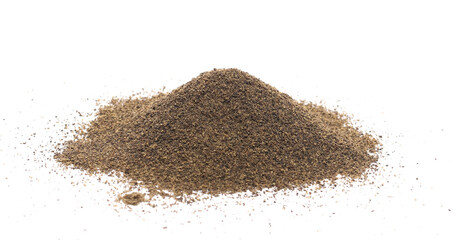 Minced black pepper, ground peppercorn pile isolated on white, side view