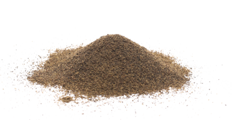Minced black pepper, ground peppercorn pile isolated on white, side view