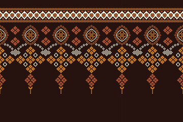 Ethnic geometric fabric pattern Cross Stitch.Ikat embroidery Ethnic oriental Pixel pattern brown background. Abstract,vector,illustration. Texture,clothing,scarf,decoration,motifs,silk wallpaper.