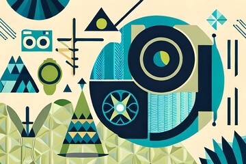 Fototapeta premium A simple and elegant World Photography Day banner with a camera icon in the center, surrounded by different geometric shapes and patterns in various shades of blue and green
