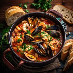 A plate of appetizing French cuisine Bouillabaisse on a table in a restaurant.