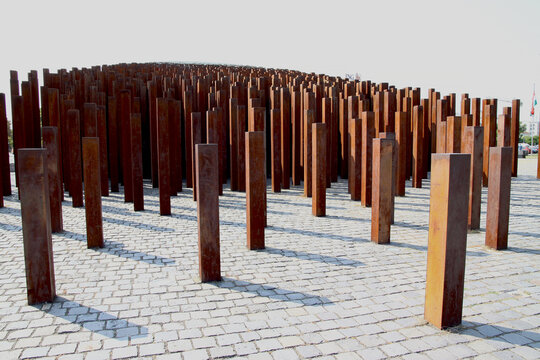 EDITORIAL: Budapest Hungary 2011 - Memorial to the 1956 Revolution closeup empty view only iron brown columns asymmetric