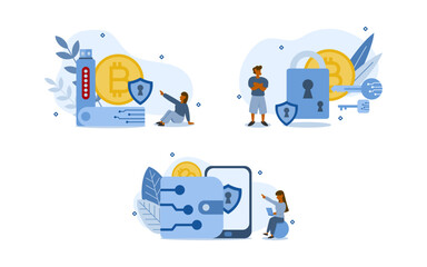 bitcoin storage illustration set. characters use both cold wallets and software wallets for store bitcoins, and both private key and public key are required to access wallet. digital wallet concept.
