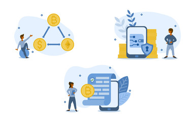 Bitcoin exchange illustration set. Bitcoins can be exchanged for other currencies or coins. and it is also reliable and can be stored in digital wallet. Bitcoin usage concept. vector illustration.
