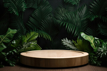 An empty wooden plate in front of a tropical leaf theme product stage for displaying products.