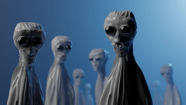 Aliens with big eyes in a blue fog.
Moving slow. 3D render animation 