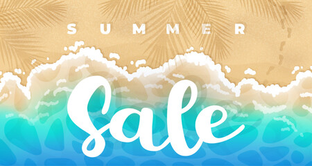 Top view of a cartoon sea, summer beach with calligraphy Summer Sale. Vector illustration for card, party, design, flyer, banner, web, advertising, promotion.