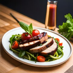 Fried steak on a plate with vegetables