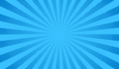 Obraz premium Blue comics background. Abstract lines backdrop. Bright sunrays. Design frames for title book. Texture explosive polka. Beams action. Pattern motion flash. Rectangle fast boom. Vector illustration