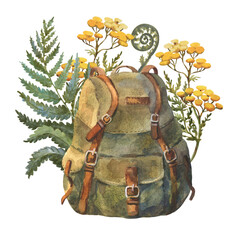 Watercolor illustration of Vintage backpack with yellow flowers and green fern. Hand drawn of Hiking equipment for tourist, retro Back pack for travel and camping.