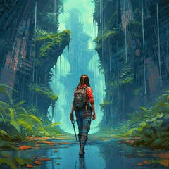 girl with views of river between valleys and waterfalls