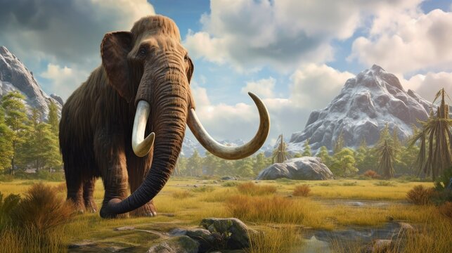 A woolly mammoth trudges over snow covered hills. Behind them, mountains with snow covered peaks rise above dark green forests of fir trees.