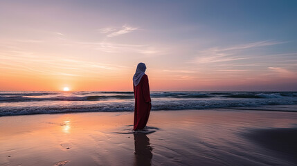 Muslim woman standing on the beach at sunset. Generative AI