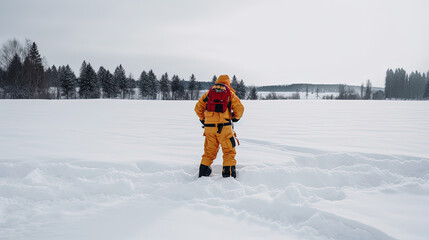 Fototapeta na wymiar Emergency worker in a snow field. Generative AI