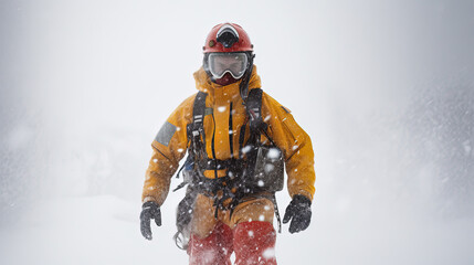 Rescue worker in a blizzard. Emergency during a snow storm. Extreme conditions. Generative AI