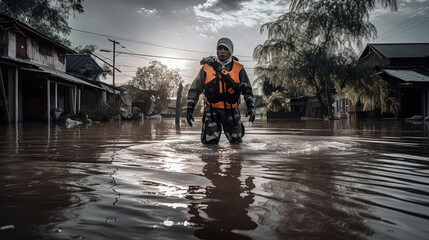 Rescue wprker walking through a flooded street. Generative AI