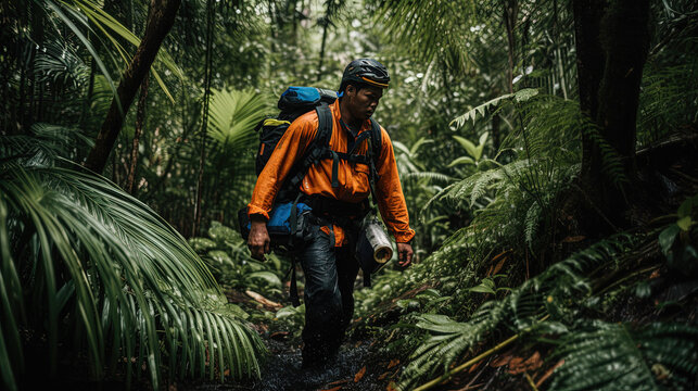 A man hiking in the jungle. Generative AI