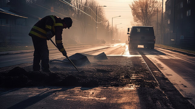 A road worker laying asphalt at sunrise. Generative AI