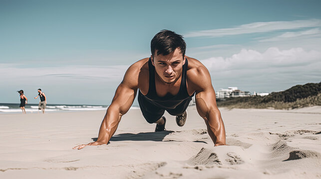 A man doing push ups on the beach. Summer workout, Generative AI