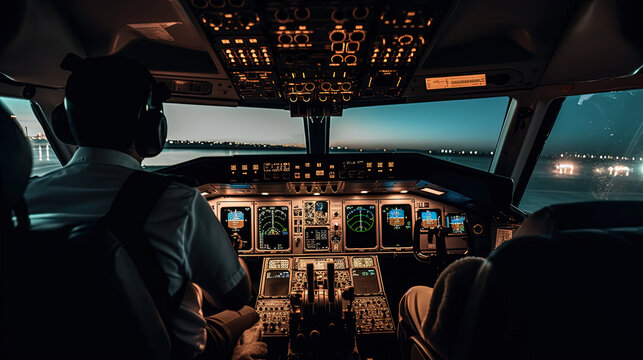 Pilot in cockpit. Flying an airplane at night. Generative AI