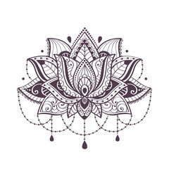 Boho style lotos flower, isolated on white background, hand drawn vector illustration