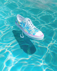 Stylish shoes in swimming pool. Summer creative background. Sneakers shoes on water surface. Aesthetic fashion style. Created with Generative AI