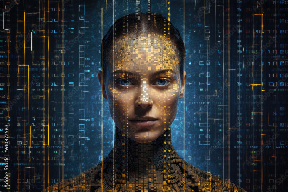 Canvas Prints Female face against binary code. Human looking at camera from matrix digital signs and numbers. Artificial intelligence in network. Created with Generative AI