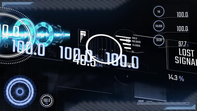 hud scifi animation. User interface motion graphic data analyse with icons like loading , percentage, circle animation and numbers on black background