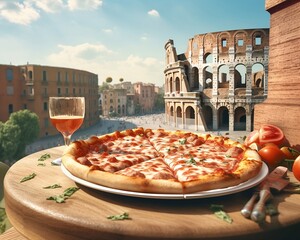 tasty Italian pizza with a view of the colosseum