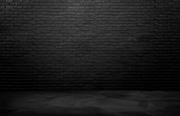 industrial background for product displayed. black brick wall background, rough concrete, plastered concrete floor, with lights from above. lighting effect on empty brick wall background for design.
