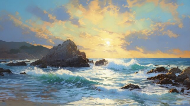 Impressionist painting, ocean beach summer background. Illustration AI Generative.