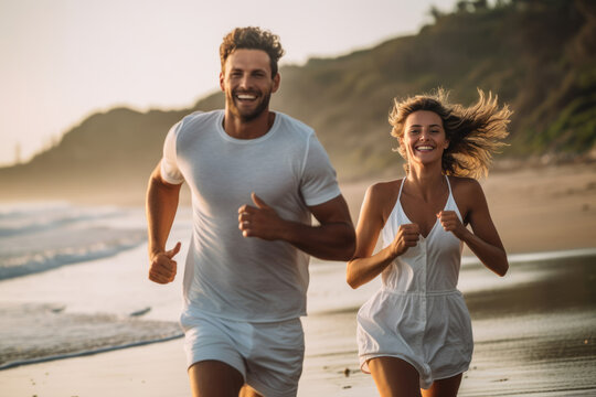 Couple Running On The Beach At Sunset. Generative AI