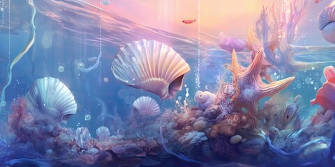 Obraz na płótnie Canvas AI Generated. AI Generative. Pasted drawing illustration of underwater under sea marine landscape. Graphic Art