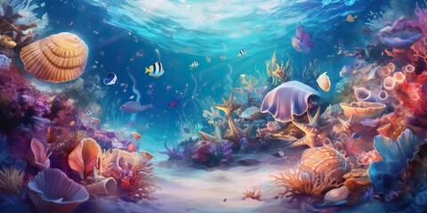 AI Generated. AI Generative. Pasted drawing illustration of underwater under sea marine landscape. Graphic Art